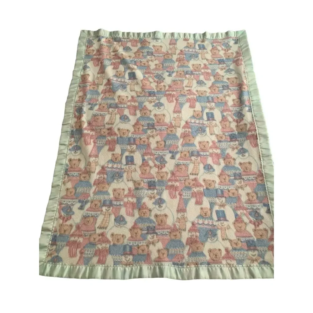 Vintage‎ Baby Blanket Teddy Bear Snowman Fleece Acrylic Trim 51 X 39
